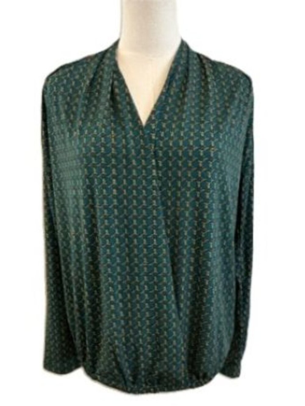 MICHAEL KORS Sea Green & Gold Chain Print L/S Faux Wrap Jersey Top NWT $80